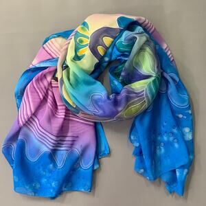 NO BRAND Blue Multi Color Watercolor Fish Scarf Shawl